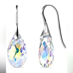 Iridescent crystal pear shape silver tone style earrings